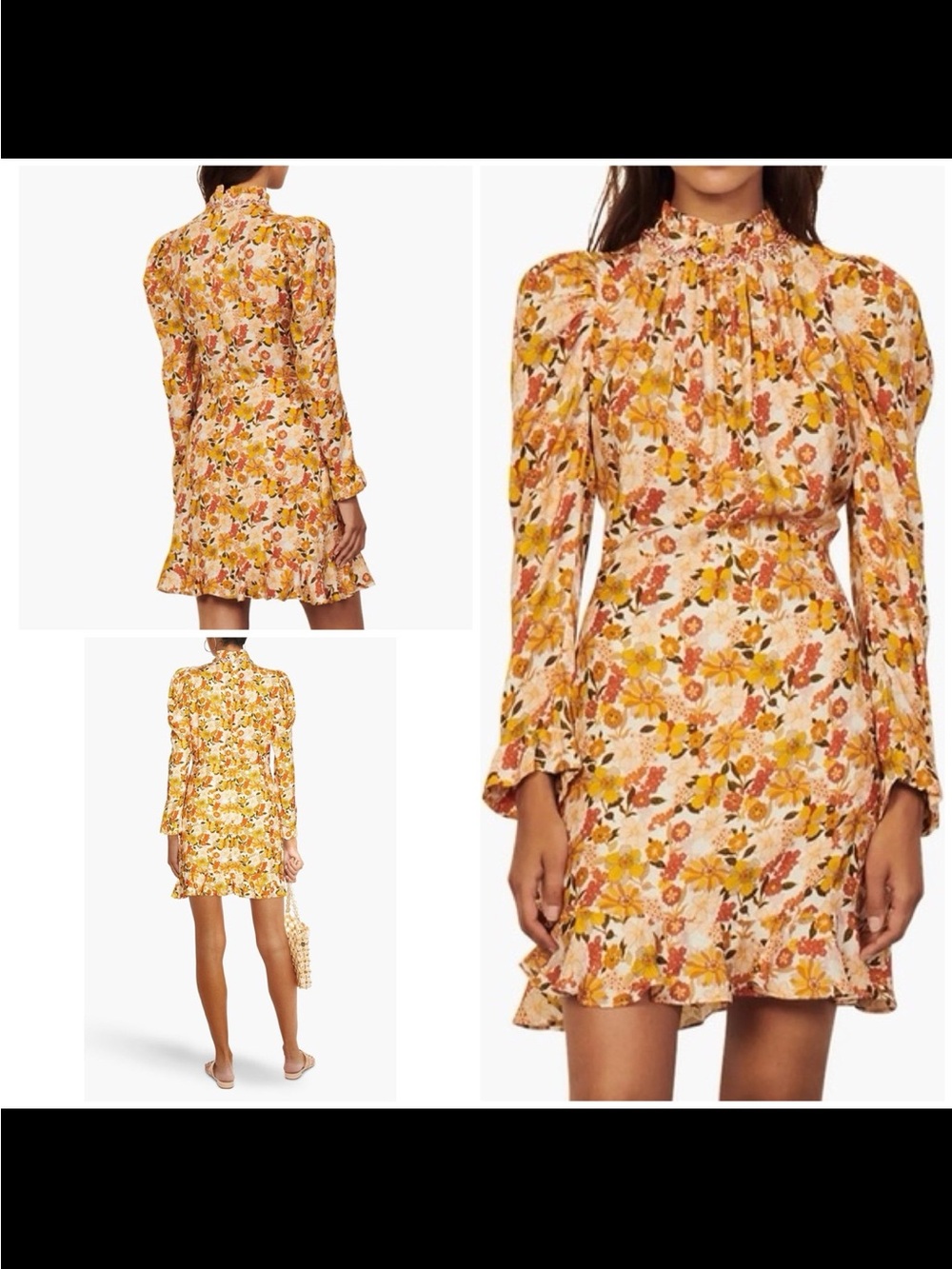 Sandro Rhinestone Collar Orange-Yellow Floral High-Neck Puff-Sleeve Mini Dress